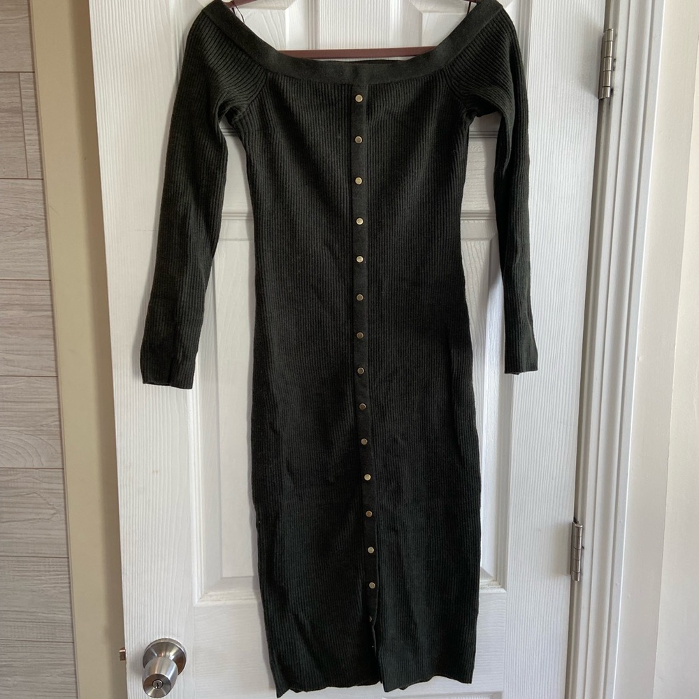 INTERMIX Renee olive green square neck midi tube sweater dress S merino wool
